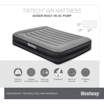Bestway 2.03m x 1.52m x 46cm Tritech Air Mattress Queen Built-in AC pump