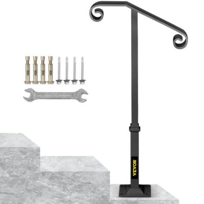 VEVOR Handrails for Outdoor Steps, Fit 1 or 2 Steps Outdoor Stair Railing, Single Post Wrought Iron Handrail, Gray Transitional Porch Railings for Con